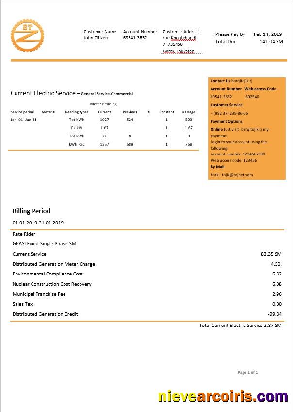 Tajikstan Barqi Tojik electricity bill